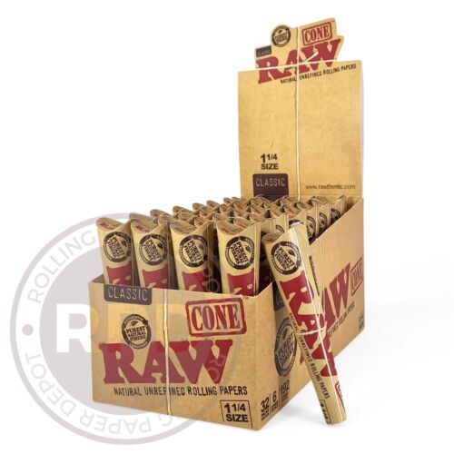 30 Cones Total! 1 1/4 RAW Classic Pre-Rolled Cones W/ RAW Wood Poker 5 Packs 