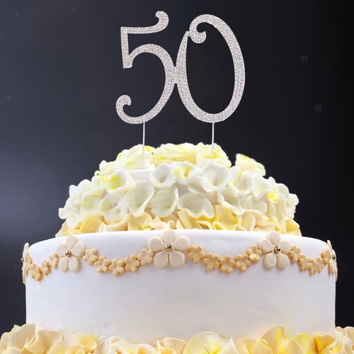 Shiny Crystal Silver Happy Birthday /&Number 50 Cake Topper Anniversary Décor