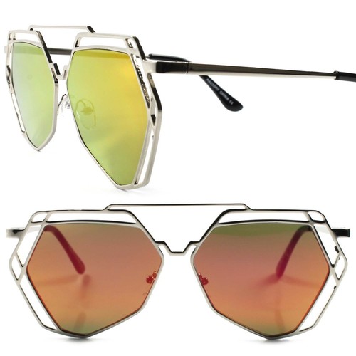 Designer Chic Geometric Shaped Silver Metal Frame Color Mirrored Lens Sunglasses