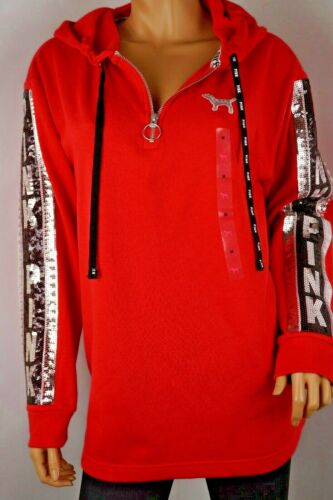 VICTORIA/'S SECRET PINK BLING SEQUIN PERFECT TUNIC HOODIE PULLOVER RED XS S M L