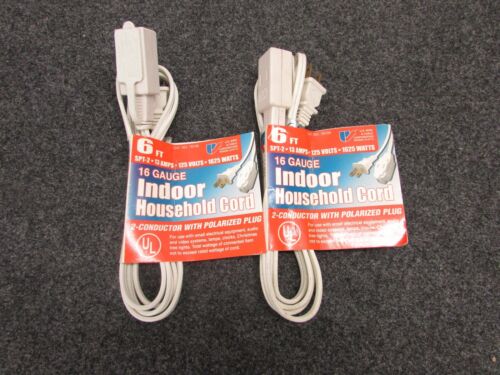 2 U.S 6 FT INDOOR HOUSEHOLD EXTENSION CORDS SPT-2/13A/125V WIRE LOT OF NEW 