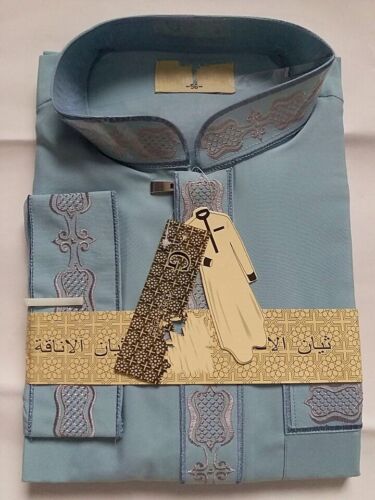 Muslim Men's Saudi Embroidery Thobe Kaftan Islamic Male Abaya Robe Dress Costume 