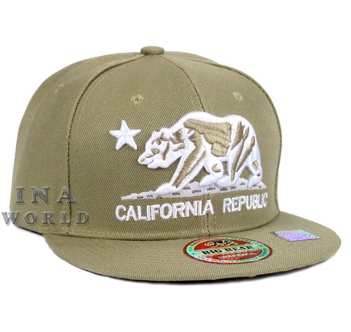 California Republic Hat Bear Snapback Flat Bill Baseball Cap Khaki Beige//White