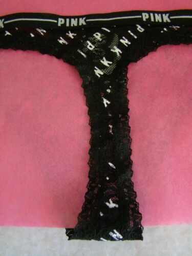 New VICTORIA'S SECRET PINK Logo Black White Lacey Thong Tanga Panties 