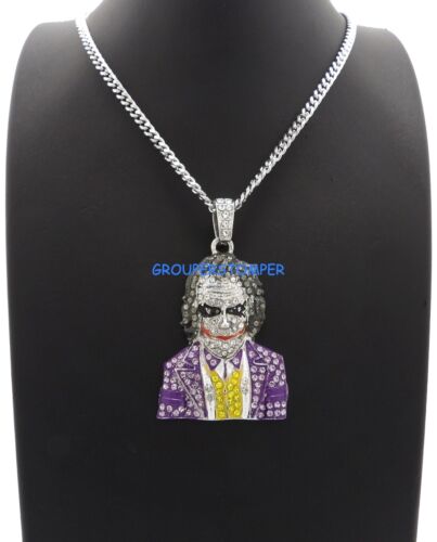 Joker New Crystal Rhinestone Pendant with 24 Inch Long Cuban Link Necklace