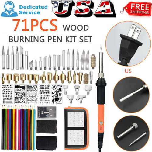 71Pcs 60W Wood Burning Woodwork Pen Set Electric Soldering Iron Burner Kit US 