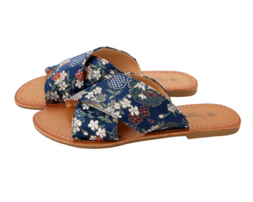 WOMENS NAVY FLORAL EMBROIDERED FLIP FLOP SLIDERS MULES SUMMER SANDALS LADIES 