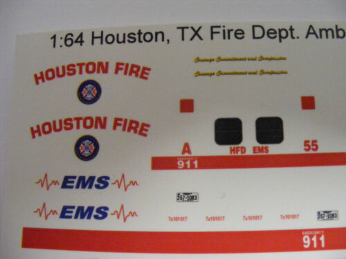 Ambulance 1:64 Water Slide Decals Fits GL Blank Ambulance Houston Fire Dept