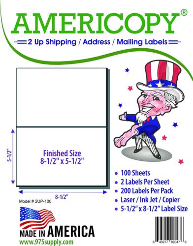 Americopy by Ace Inkjet 2000 Shipping Labels Half Sheet Labels 8.5 X 5.5/" 2 UP