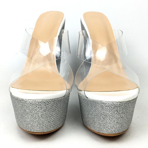 Women Silver Glitter Wedge Slipper Sandals Sky High Heels Platform Slide Mules