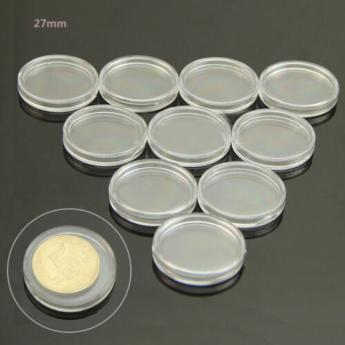 100PCS Clear Round Plastic Coin Capsule Container Storage Box Holder Case 27mm 