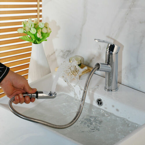 Chrome Bthroom Basin Sink Mixer Pull Out Faucet 1 Handle Deck Mount Brass Taps 