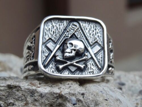 New Masonic Skull Ring Men Sterling Silver Freemason Freimaurer Handmade All Sz 
