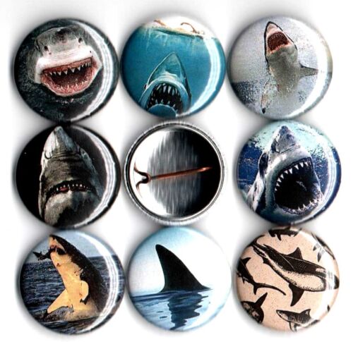 Shark Week 8 NEW 1&#034; buttons pins badges great white STOCKING STUFFER