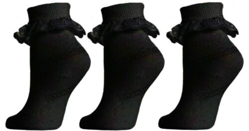 Girls Frill Socks 3 Pairs Childrens Kids Ladies Lace Top Cotton Baby Ankle Socks 