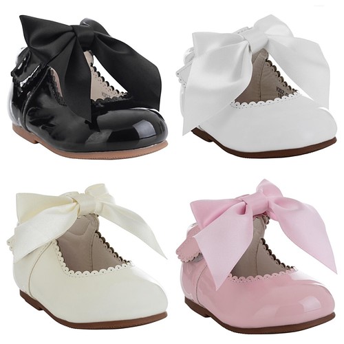 NEW GIRLS SPANISH BOW SHOES PINK,WHITE,BLACK,IVORY 1,2,3,4,5,6,7,8.9.10