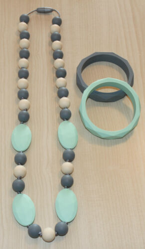 Little LoStelle Silicone Teether Teething Necklace Mint Green Gray 2 Bracelets
