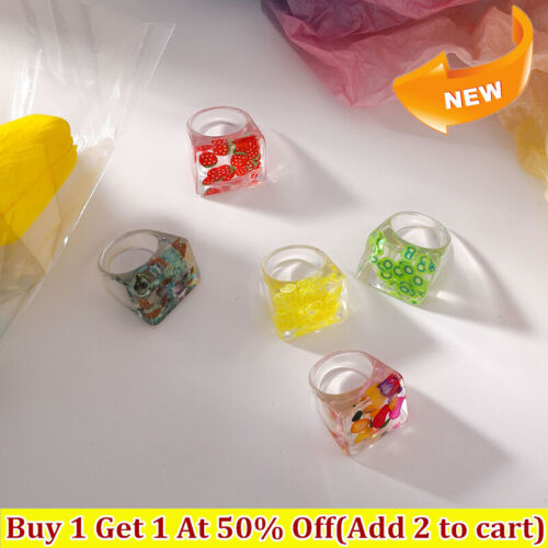 Women Acrylic Ring Cute Fruit Ring Vintage Resin Ring Square Finger Ring Gifts