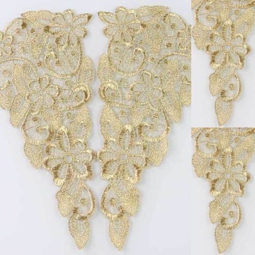 1 Pair Flower Motif Venise Collar Lace Trims Applique DIY Sewing Craft Gold Lace