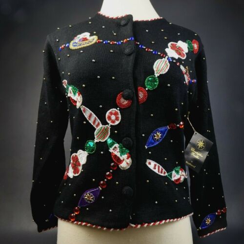 Christopher Radko Christmas Button Sweater Black &#034;Ornament&#034; Cardigan MSR $209 XL