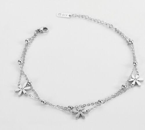 Fashion Women Titanium Stainless Steel CZ Daisy Flower  Anklet Bracelet 8.3-9.8" 