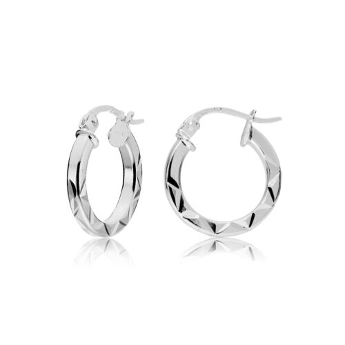 15mm Sterling Silver 2mm Diamond Cut Square-Tube Round Hoop Earrings 