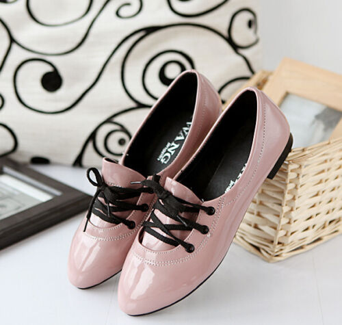 Details about  / 34-43 Women/'s Oxfords Lace Up Faux Patent Leather Flat Pointed Toe Shoes ly00