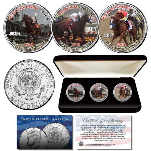 JUSTIFY Triple Crown Winner Race Horse 2018 JFK Half Dollar 3-Coin US Set w// BOX