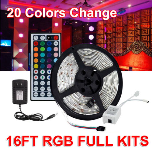 16FT 5050 RGB Waterproof LED Strip light SMD 44 Key Remote 12V US Power Full Kit