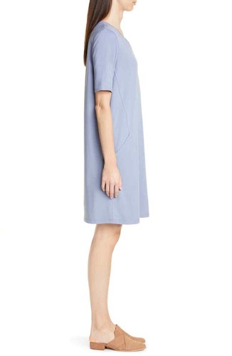 Eileen Fisher Chambray Organic Cotton Jersey Shift Dress V-Neck Petite PL $178
