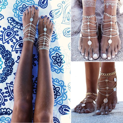 Boho Retro Barfuß Sandale Strand Damen Fußkettchen Fuß Kette Schmuck Fußkette