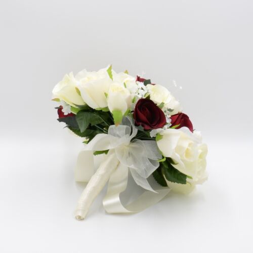 Artificial Wedding Flowers Burgundy /& Ivory Double Rose Buttonhole