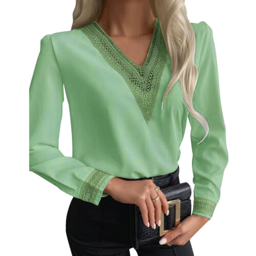 Womens Lace Long Sleeve Pullover Tops Ladies V Neck T Shirt Casual Work Blouse 