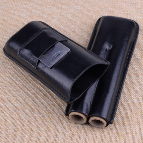Black Cigar Case Humidor Holder 2 Tube with Cutter Set 