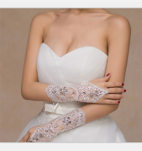 White//Ivory Crystal Wedding Bridal Glove Accessory Beaded Lace fingerless‘gloves