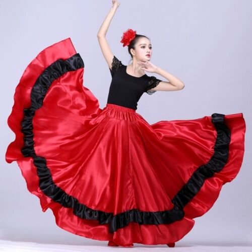 Details about   Women Satin Dance Long Skirt Spanish Flamenco Lady Tide Ruffle Ballroom Costume 