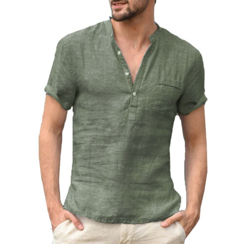 Men Short Sleeve V-Neck Slim Fit Linen T-Shirt Top Shirt Blouse Casual Summer UK