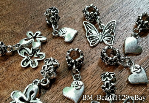 8P LOT Mixed Flowers Roses Butterfly Hearts Pendants European Dangle Bead Charms