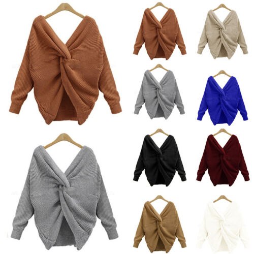 Women Twist Knot V Neck Sweatshirt Knitted Backless Sweater Pullover Jumper Tops