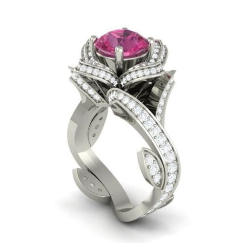 Romantic Woman/'s Flower Round Cut Pink Sapphire 925 Silver Ring Size 6-10