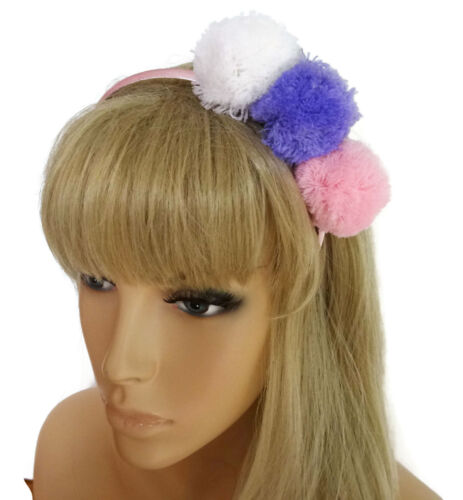 Fab Pink Lilac And White Pom Poms on a Satin Alice Band Headband