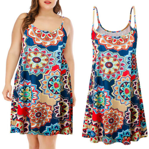 New Women Plus Size Summer Print O-Neck Sleeveless Above Knee Dress Party Dress