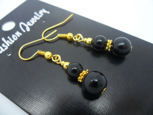 NEW. A PAIR OF BLACK ONYX   GOLD  PLATED  DANGLY  EARRINGS