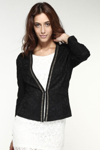 Black Blazer Casual Jacket Jewel Trim Korean Jacquard Floral Print Sleeved S-XL