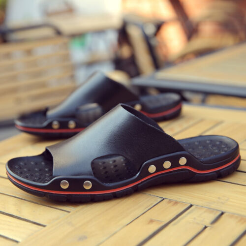 Mens Casual Leather Sandals Open Toe Flip Flops Shoes Anti-slip Slippers Summer