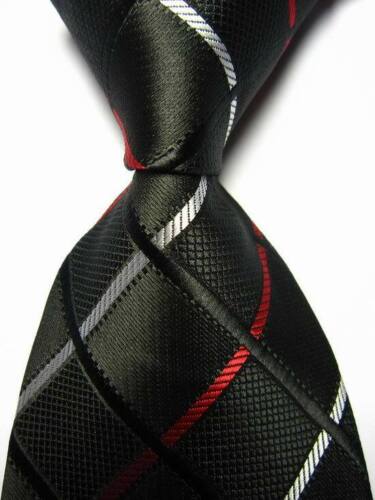 New Classic Checks Black Red JACQUARD WOVEN Silk Men's Tie Necktie 
