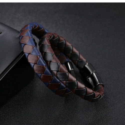 Mens Stainless Steel Braided 2 Tone Genuine Leather Bangle Bracelet Box BR463