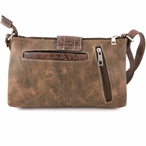 Justin West Concealed Carry Tooled PU Leather Buckle Small Crossbody Purse Bag