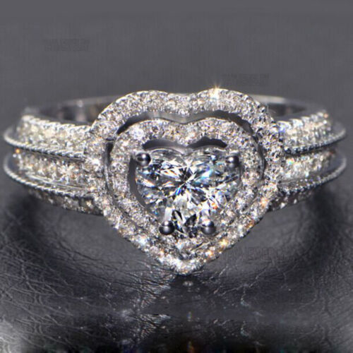 Hot Woman/'s 925 silver filled blanc Saphir Pierre de Naissance Mariage Band Heart Ring
