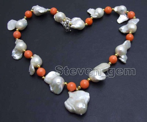 20-35mm White Baroque Nuclear Pearl Pendant Necklace Women Pink Coral Choker 17/"